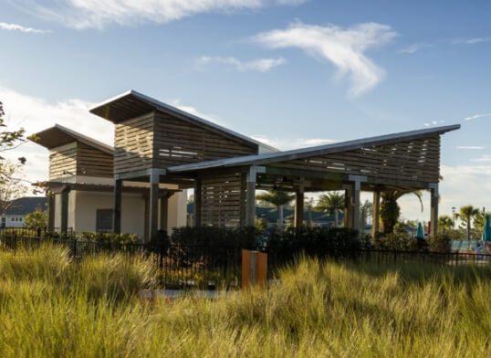 A modern outdoor pavilion structure in Wildlight.